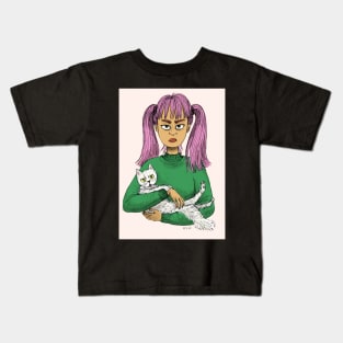 Pink Haired Girl with White Cat Kids T-Shirt